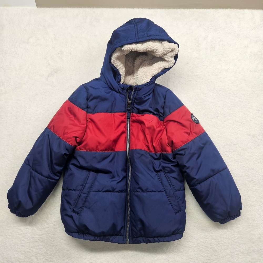 OshKosh Bgosh Kids Navy Blue Red Colorblock Sherpa Hooded Puffer Jacket Size 7